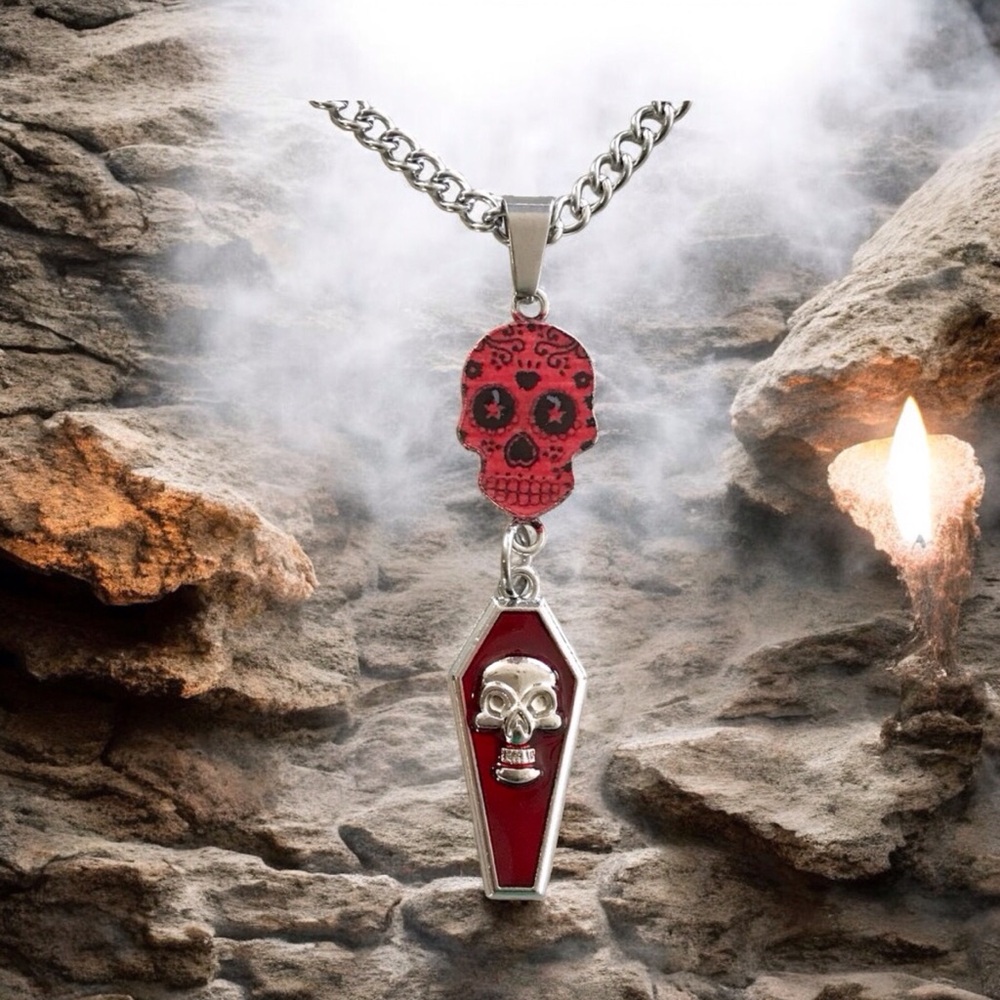 🆕 Coffin and Sugar Skull Necklace Alloy/Enamel/Stainless Steel